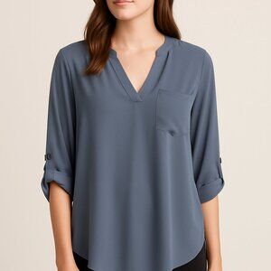 Lush‎ Blue V-Neck Roll Tab Sleeve Blouse